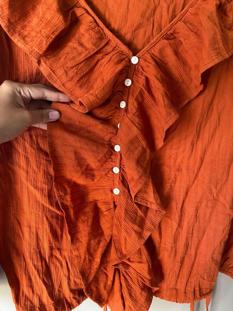 orange linen blouse, Fesyen Wanita 