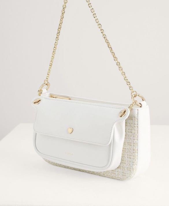 Dilone Houndstooth Double Flap Shoulder Bag - White