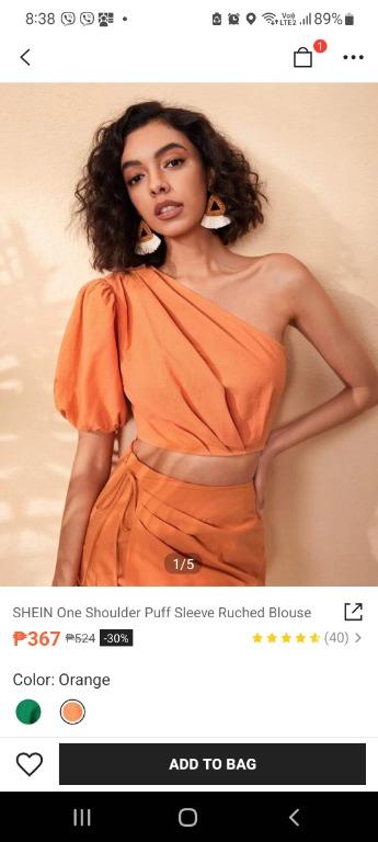 Shein one shoulder orange puff sleeves (Category: Blouses) located in Mandaluyong City. Submitted by pauladeasis (Listing ID 1168171524, Image 1). Description: Rfs: too big for me!!! .