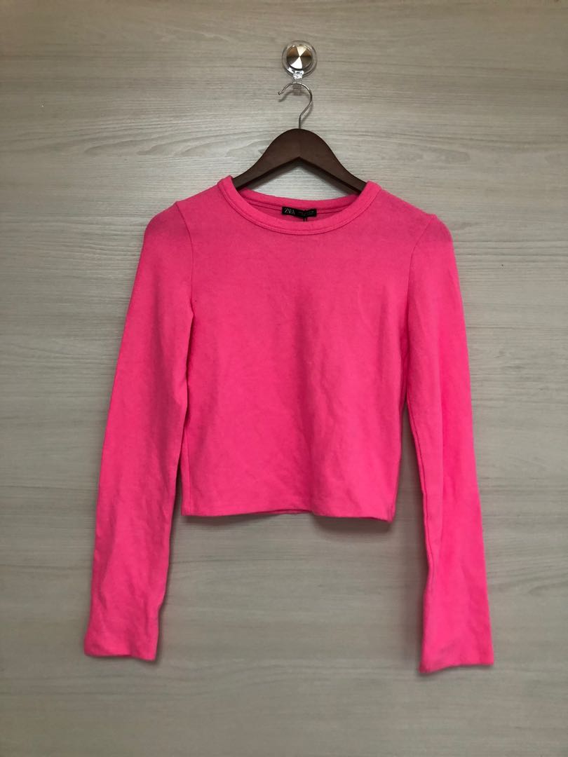 zara pink neon long sleeve crop top 