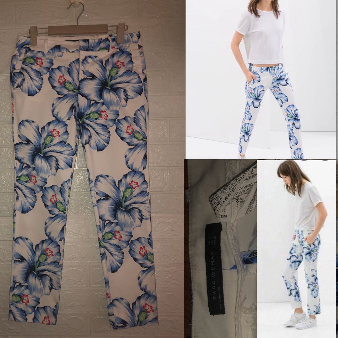 Zara White & Blue floral print trousers, Women's Fashion, Bottoms