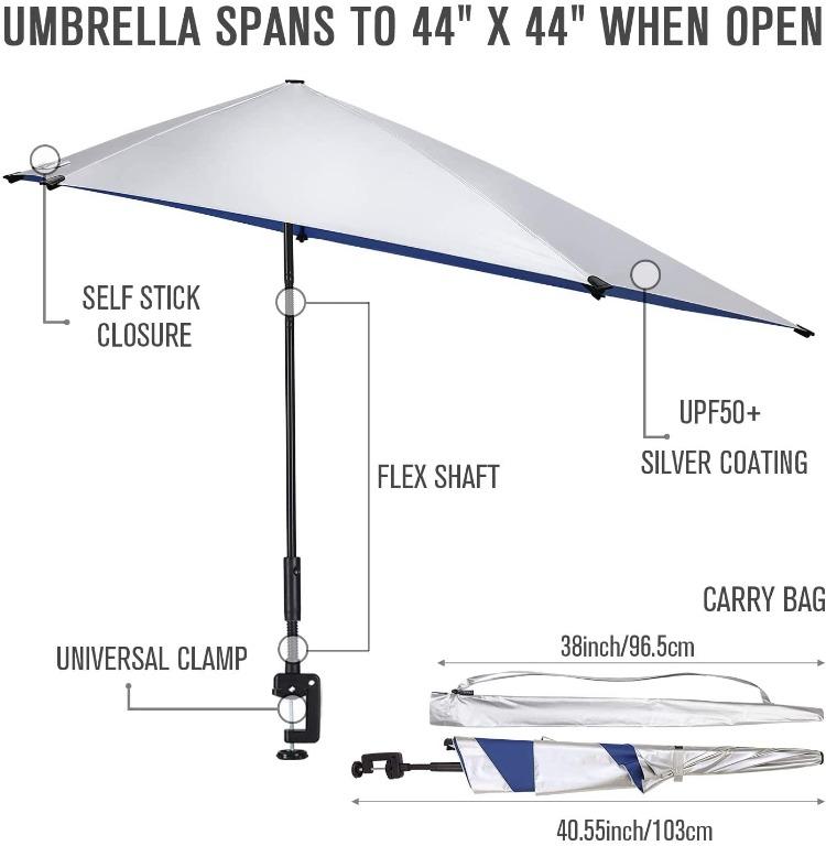 G4Free UPF 50 verstelbare strandparasol XL met universele klem voor stoel, golftas, kinderwagen, rolstoel, bleekmiddel, terras (blauw