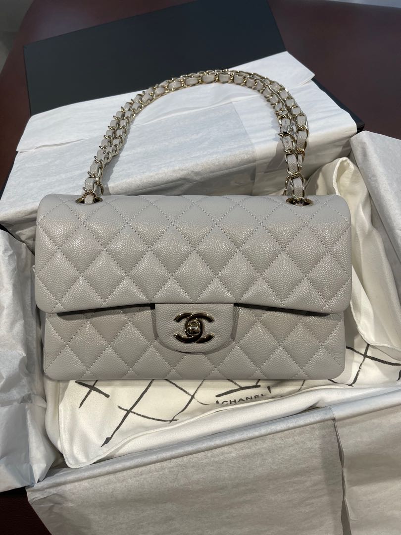 Chanel 21A Light Grey Small Classic Flap in Caviar with LGHW