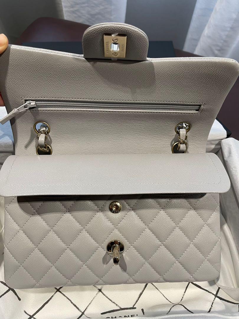 Chanel 21A Light Grey Small Classic Flap in Caviar with LGHW, Luxury, Bags  & Wallets on Carousell