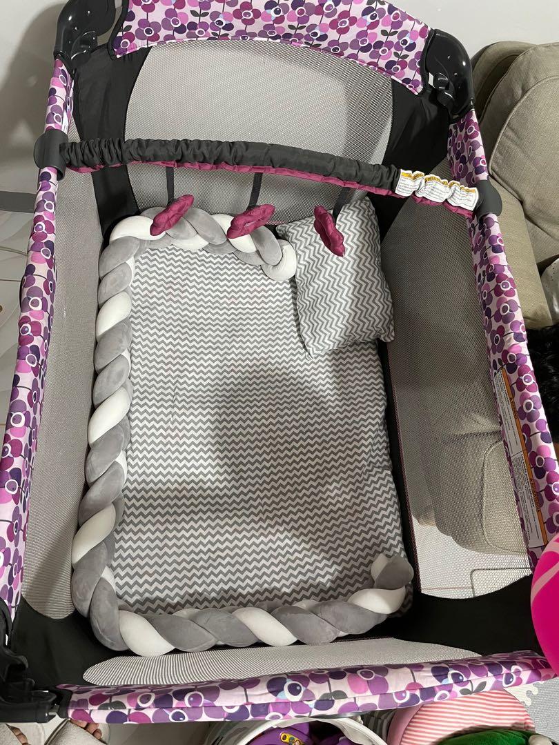 Graco Pack n Play Playpen / Crib with Changing Pad (Category: Cots & Cribs) located in Quezon City. Submitted by ClassyCloset_etc. (Listing ID 1168422773, Image 2). Description: Still very neat color: violet with diaper changing attachment, 2nd layer and play arch no bag option to buy 3 good quality cotton fitted sheets for additional 1K only color: printed white and gray pls see photo (pillow and bumper are not included. Those are my babies item