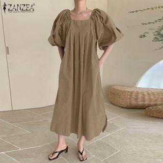 Khaki Square Neck Pleated Dress