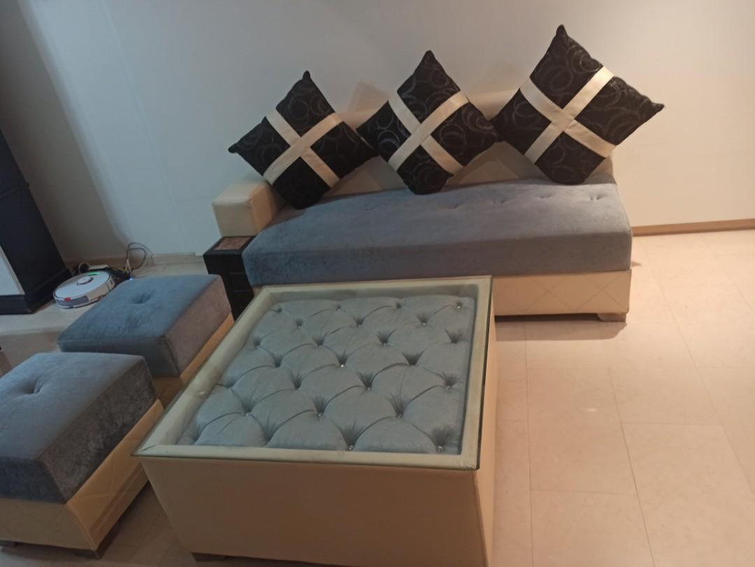 L Shape Sofa set 7 seater plus 2 puffy seaters, Furniture & Home Living ...