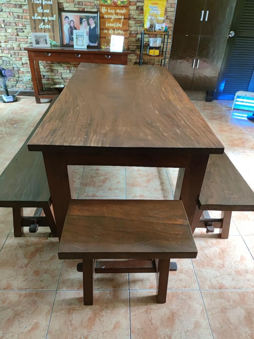 Long Heavy Acacia Dining Table Set (Category: Tables & Sets) located in Quezon City. Submitted by relaksss (Listing ID 1168289626, Image 2). Description: For Sale only Long Heavy Dining Table Set Heavy Thick Solid Acacia wood Country or Vintage Style Length 183cm Width: 91cm Pick up here: Fairview QC Area or Can do shipping within Metro Manila (buyer shoulder) Cash or Gcash or BDO payment. PM. #4theplanet.