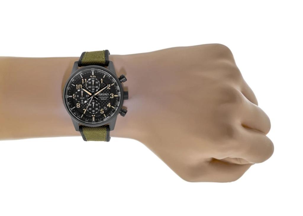Seiko Gents SSB373P1 Sport Chrono 100M Matte Black Stainless Steel Case Black Dial Green Nylon Topped Silicone Strap