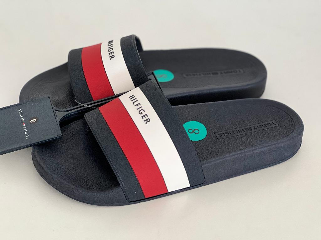 TOMMY HILFIGER EARTHY DARK BLUE MEN S SLIP ON SLIDES FLIP FLOPS SLIPPERS 8 OR 10 SALE