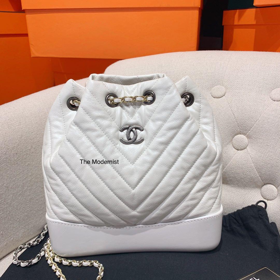 Authentic Chanel Chevron White Calfskin Small Gabrielle Backpack