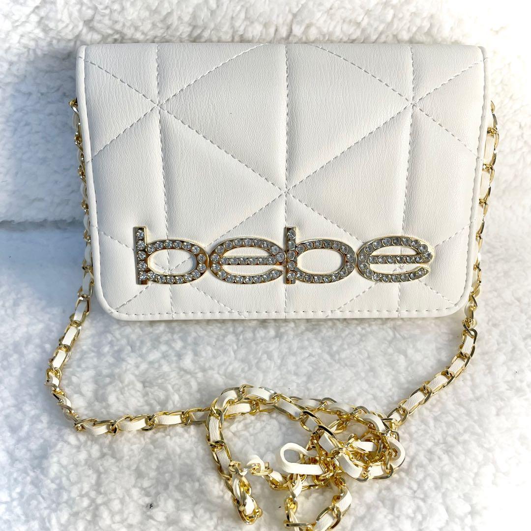 BEBE Logo Purse Handbag Crossbody Chain Strap White Gold Rhinestone Authentic