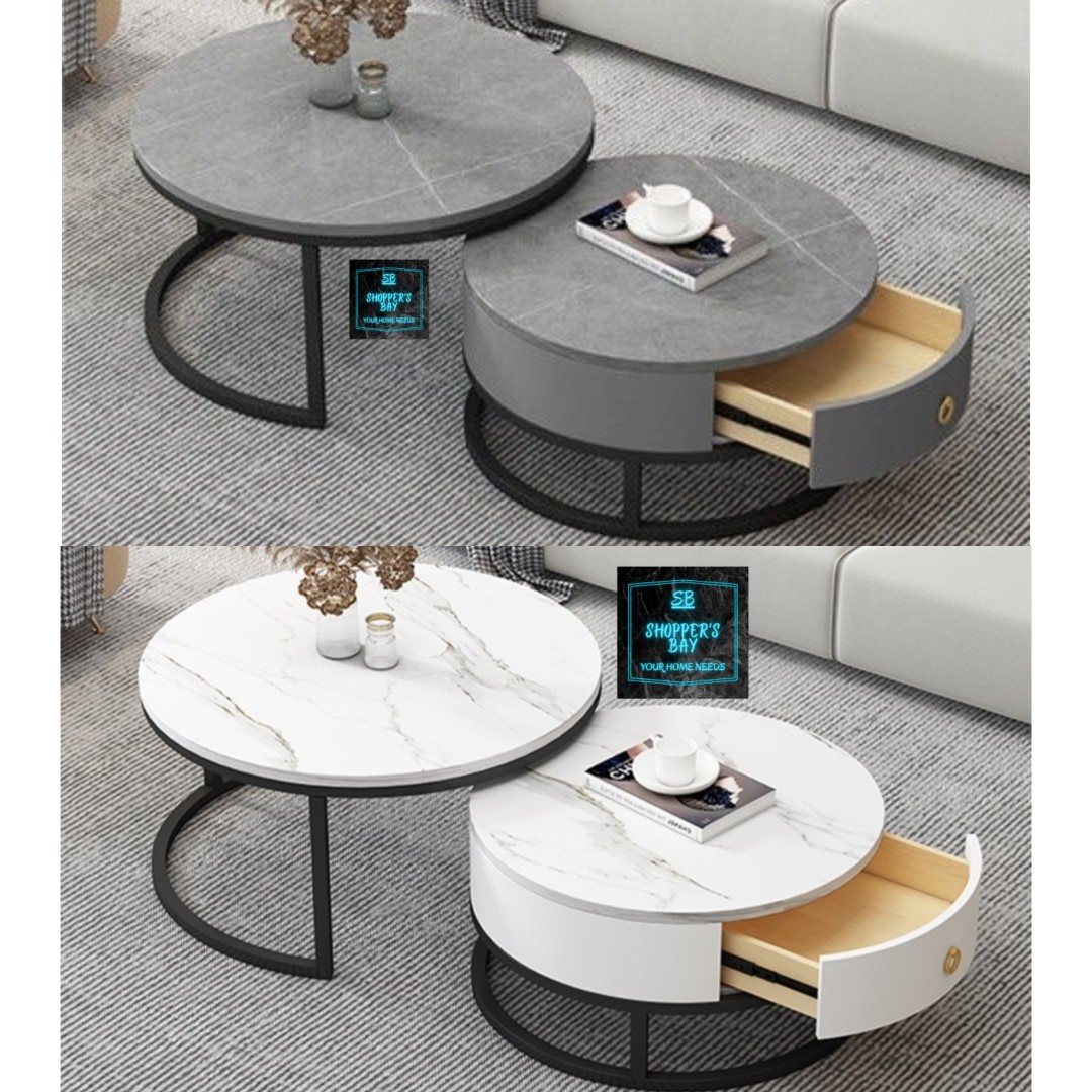 BREA Marble coffee table drawer all grey all white, Furniture & Home