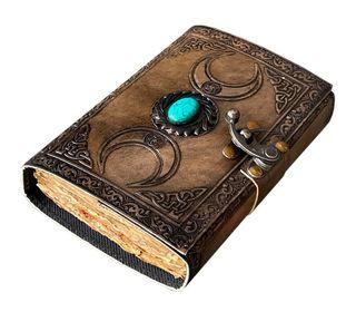 Charcoal Triple Moon Crystal Leather Journal, Blank witche Spell Book Of Shadows Grimoire - handmade Paper - Sketchbook, (7x5) notebook.