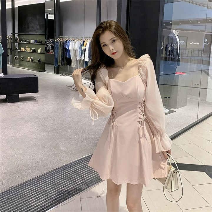 Dress baby pink lengan panjang ala korea slim