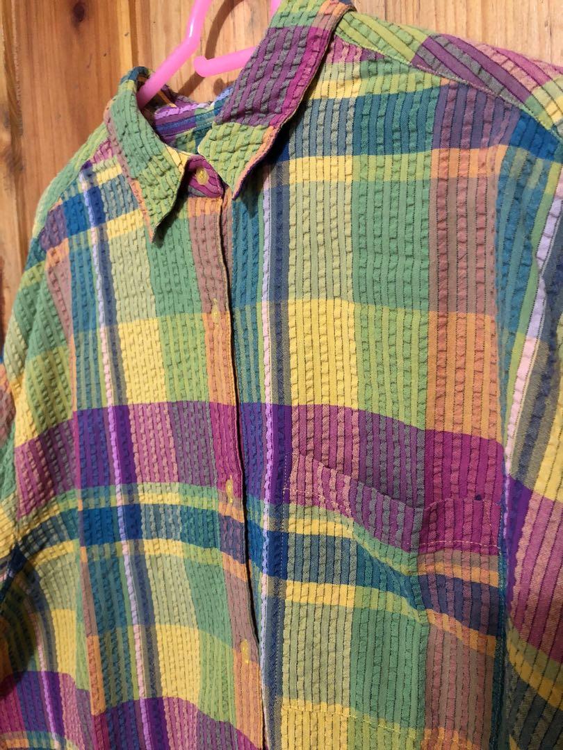 Oversized Textured Plaid Multicolor Long Sleeve Polo (Category: Coats, Jackets and Outerwear) located in Paranaque City. Submitted by kanghaee (Listing ID 1168613687, Image 3). Description: - Very cute! - Oversized fit - 31.5”(L) x 23.5”(W) x 30”(Neck Line to Cuffs) - Pm me for more info 😊.
