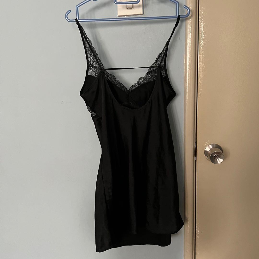 Preloved Black Satin Night Slip Dress Free Size, Women's Fashion