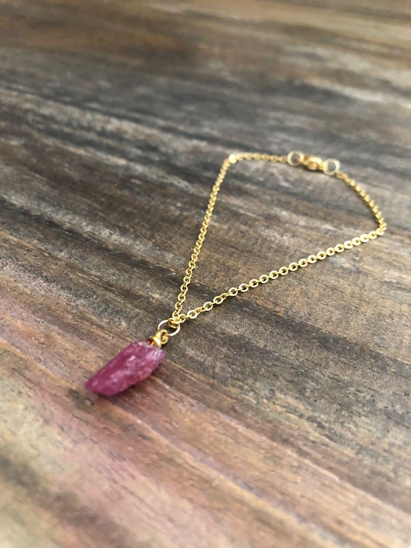 Raw cut Ruby (Category: Bracelets) located in Muntinlupa City. Submitted by declutter_with_me (Listing ID 1168480891, Image 1). Description: Raw cut Ruby with Gold Stainless Chain Length: 7” *can be adjusted to desired length(5”-9”).
