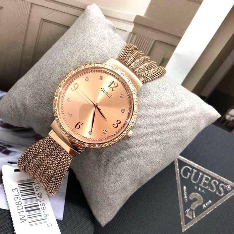 READY STOCK ORIGINAL GUESS CHIFFON ROSEGOLD DIAL TONE STEEL