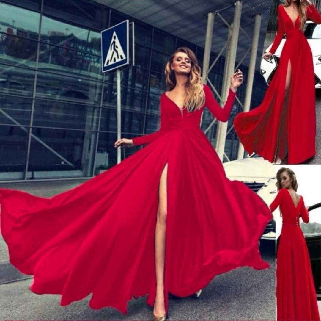 Red maxi long sleeve flowly evening dress maternity gown, Women's Fashion,  Dresses u0026 Sets, Dresses on Carousell