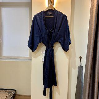 (SET) Victoria’s Secret Very Sexy Navy Blue Satin Kimono Robe & Slip Dress