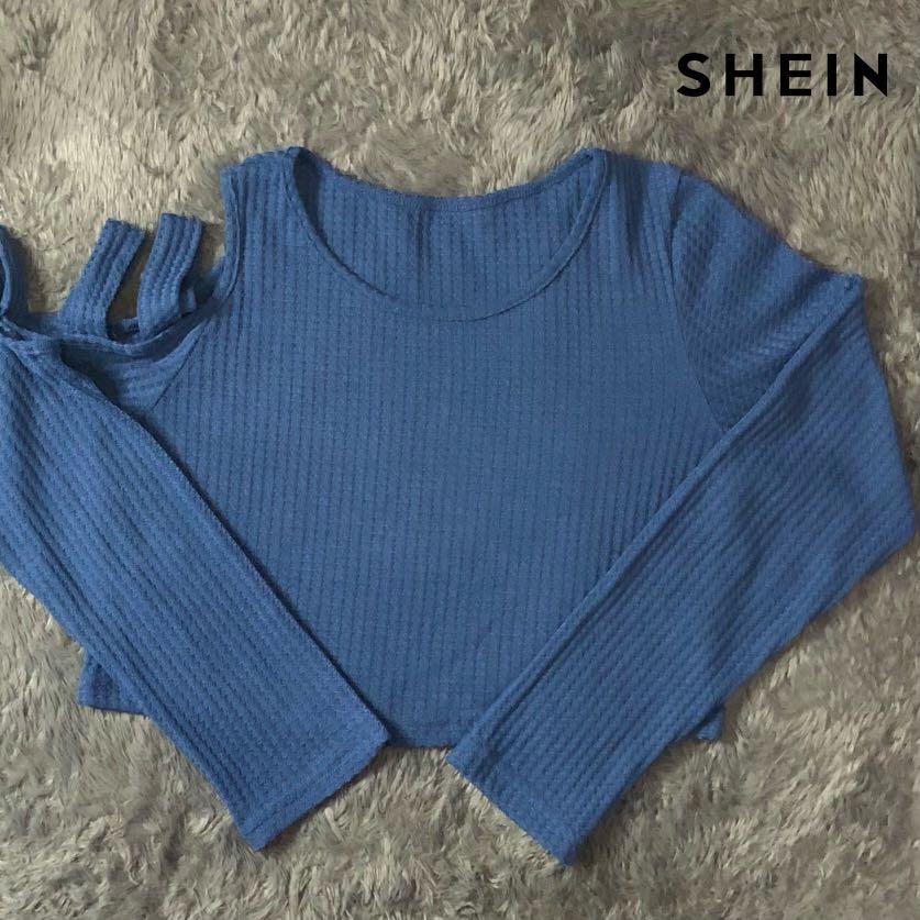 SHEIN Blue Sabrin Crop Tee, Fesyen 