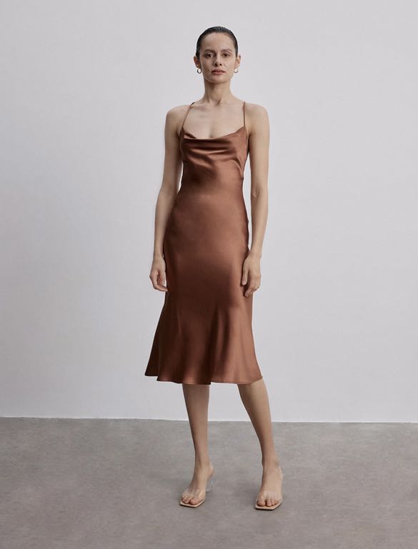 Silk Maison Lounge Cowl Neck Midi Silk Slip Dress, Women's Fashion, Dresses  u0026 Sets, Dresses on Carousell