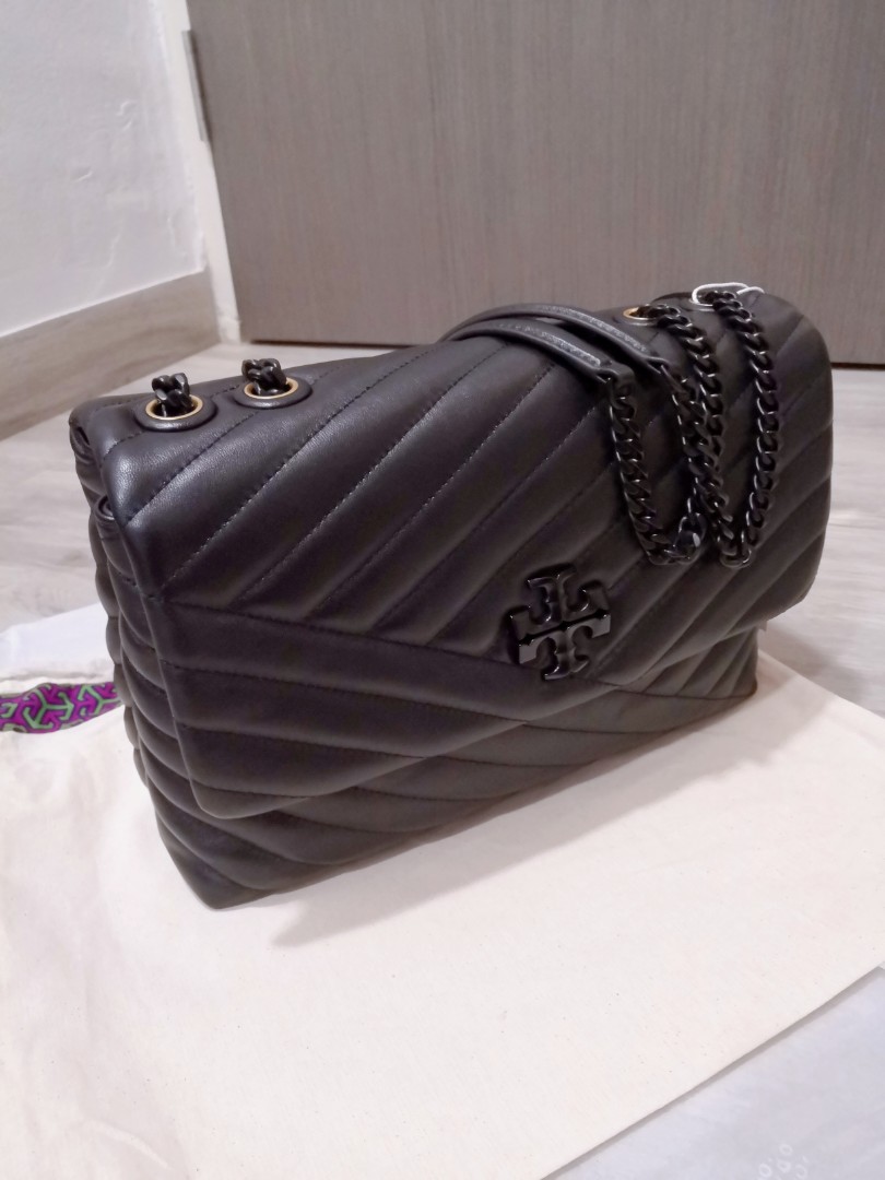 Tory Burch Women's Kira Chevron Powder Coated Convertible Shoulder Bag,  Black, One Size: Handbags