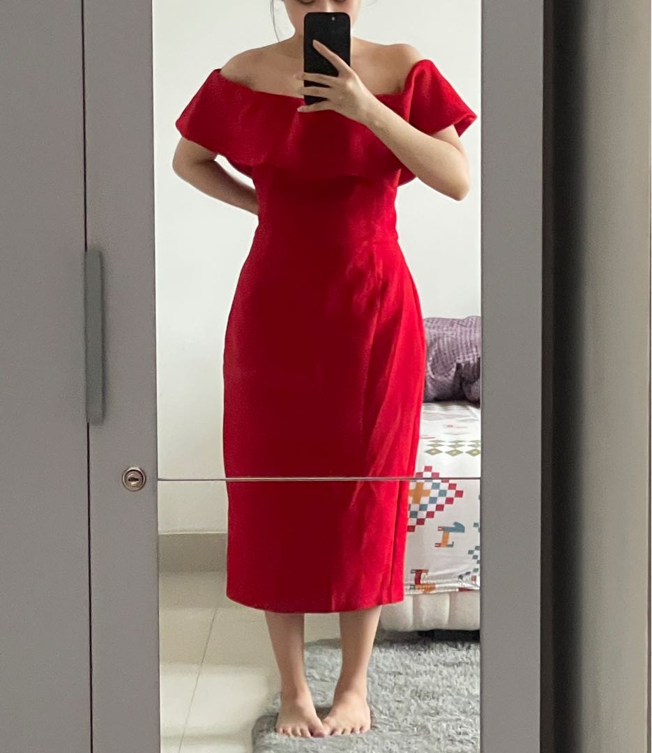 Zara Off Shoulder Red Dress, Fesyen 