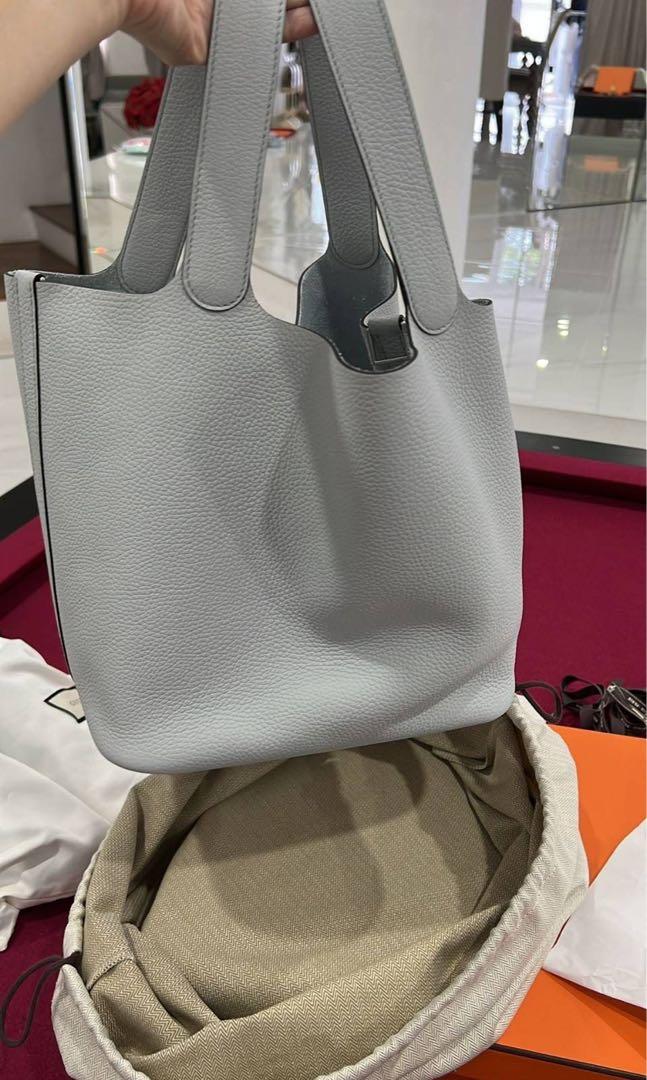 HERMES PHW Picotin 26 Tote Bag Handbag Clemence Leather Etain Grey