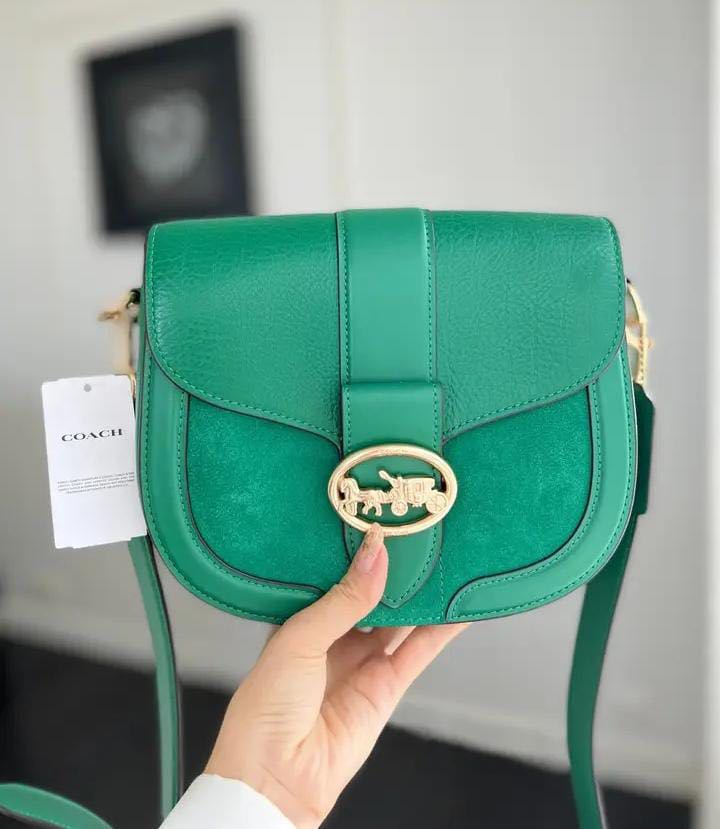 Coach Saddle Bag Leather Suede Green, Barang Mewah, Tas