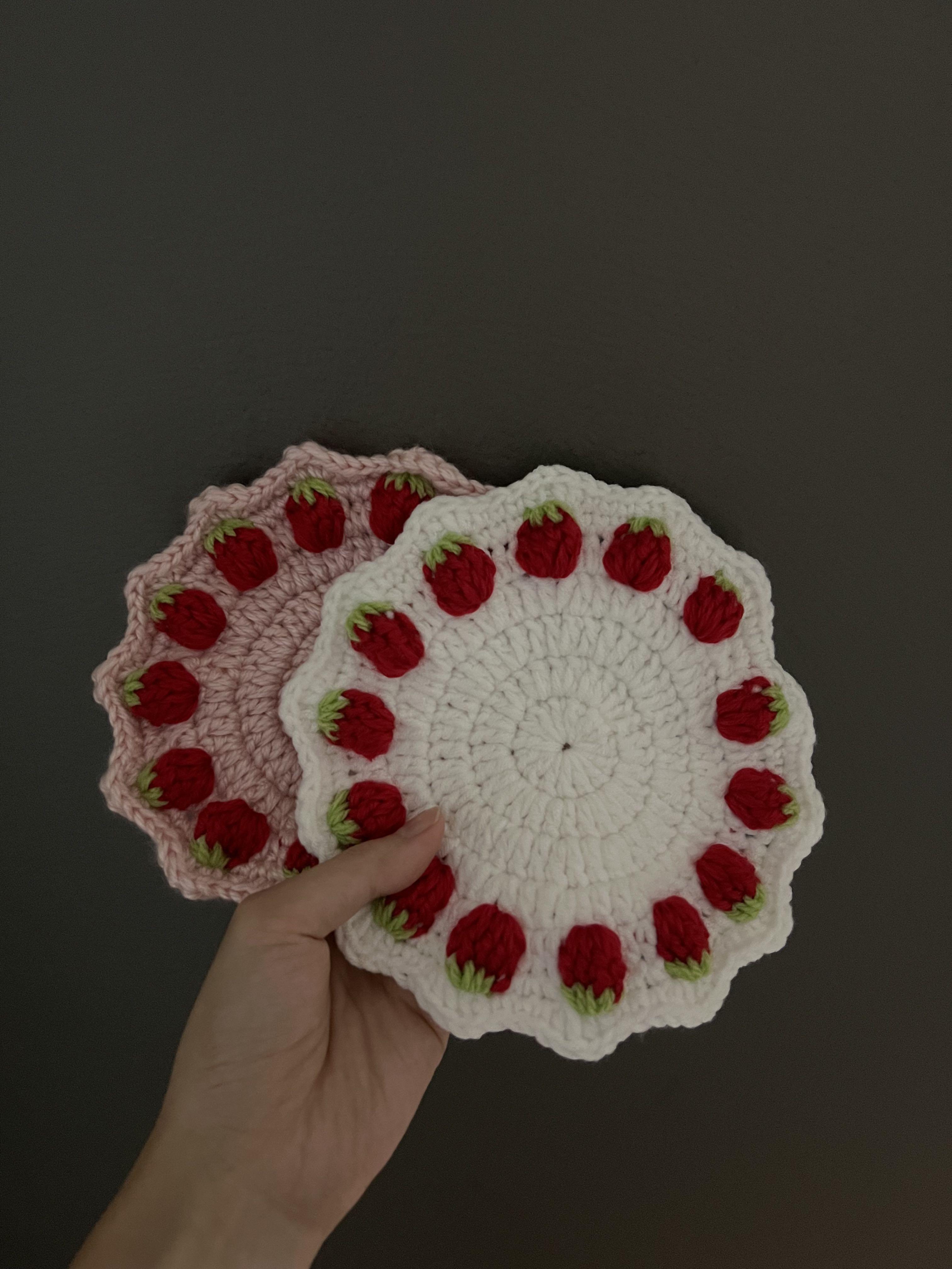 Crochet strawberry coaster, Hobbies & Toys, Stationery & Craft