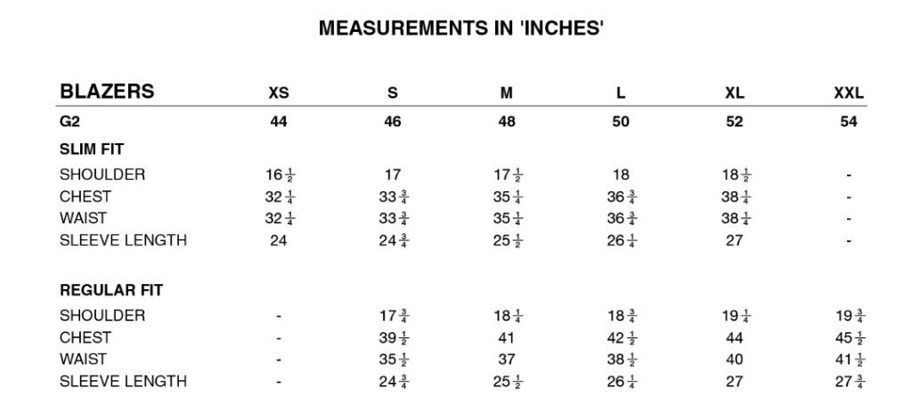 G2000 suit size chart top