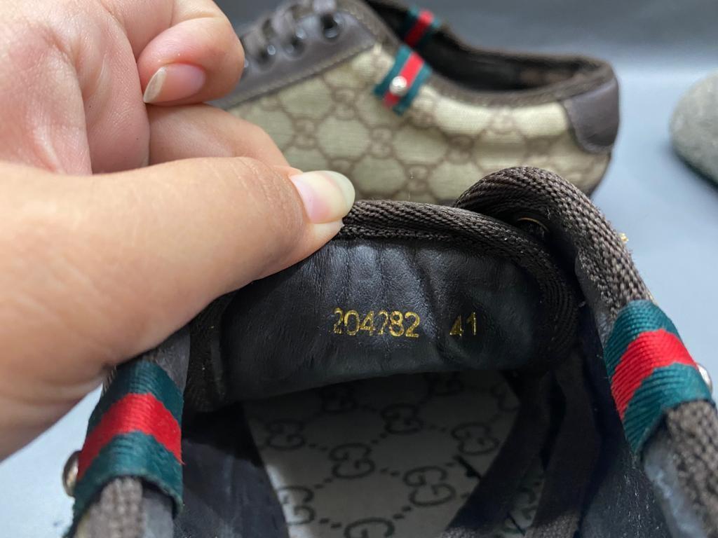 Gucci 204282 GG Plus Coated Canvas Suede Brown Sneakers Trainers Size 41 insole 26cm