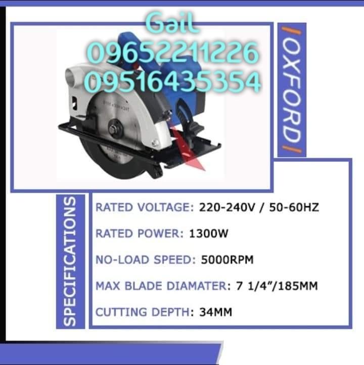 OXFORD 1300W, 7&1/4" Circular Saw (Category: Construction Tools & Equipment) located in Caloocan City. Submitted by abieghail (Listing ID 1168660294, Image 1). Description: PRICE : 2,350 OXFORD 1300w Circular Saw Specification Input Power : 1300 Watts Diameter of Blade : 7-1/4 Voltage : 220-240v Frequency : 50/60 Hz No load Speed : 4800 rpm Blade Size : 185 x 20mm x 24T With Laser Function Contact us for faster transaction. TO GOD BE THE GLORY!.