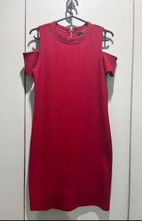 Red Off-Shoulder Ribbed Fit Dress