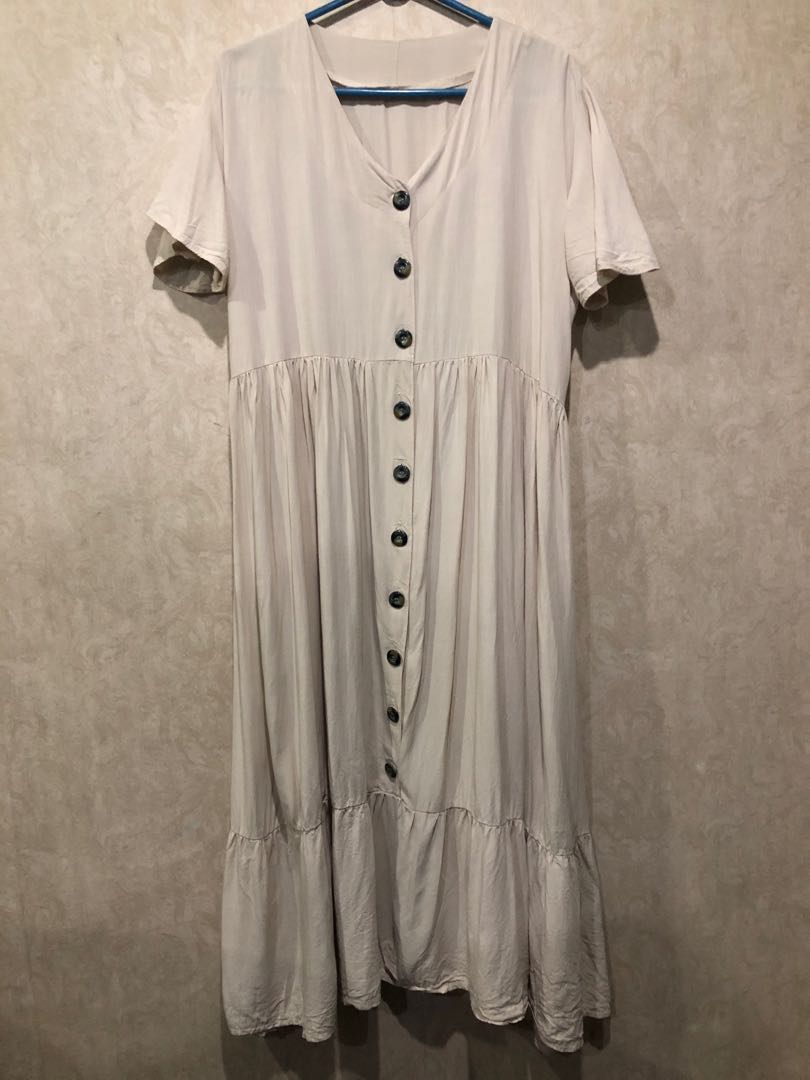 Soft Linen Cream Button Down Maxi Dress Plus Size, Women's Fashion
