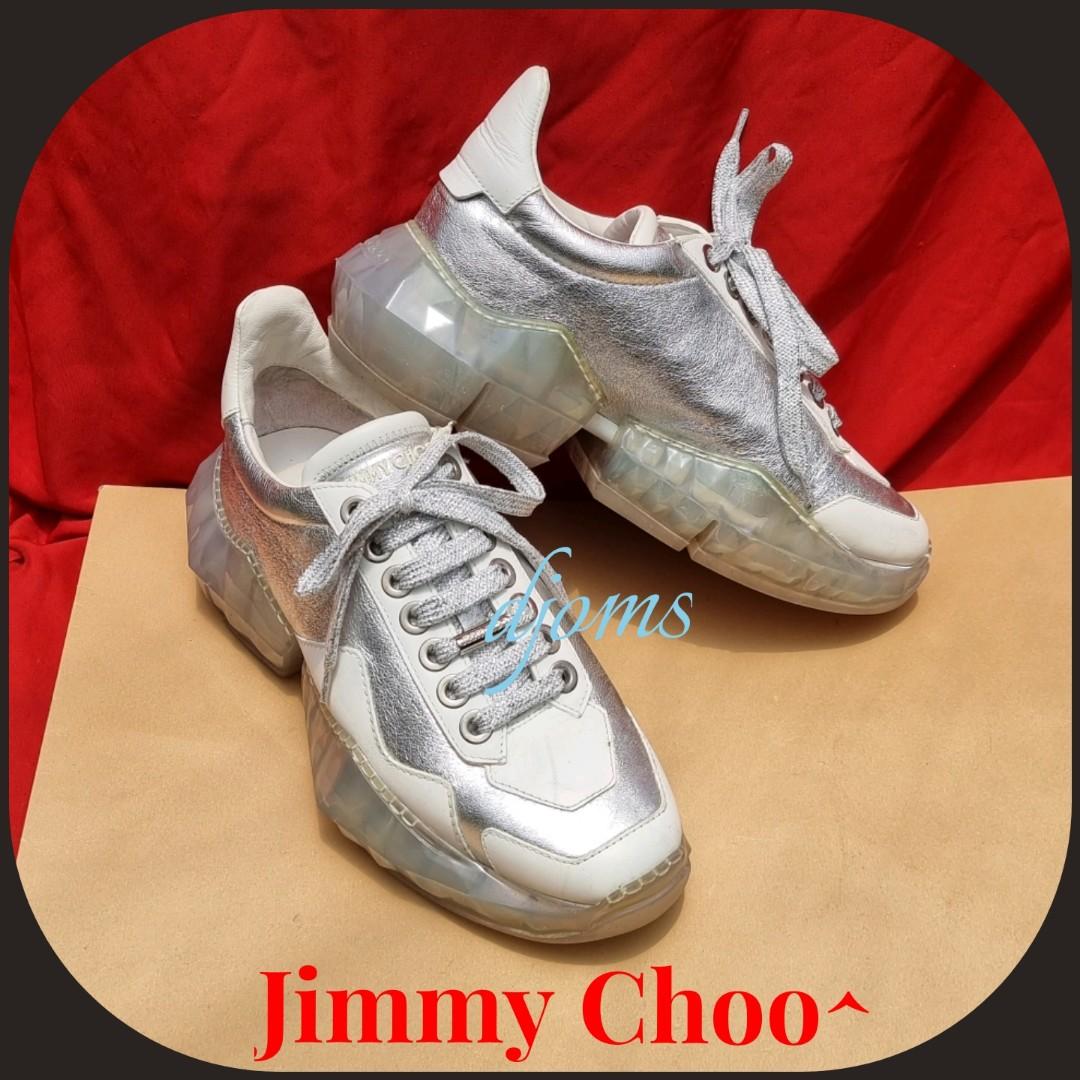 Sz 37 Jimmy Choo Diamond Silver White Leather Sneakers Rubber