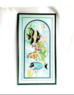 Vintage cross stitch coral reef scenery, framed, 24 in. x 13 in., never used
