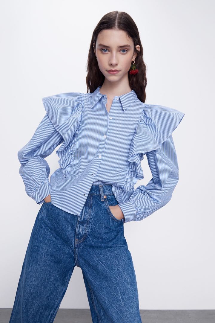 Zara blue ruffle top hot sale