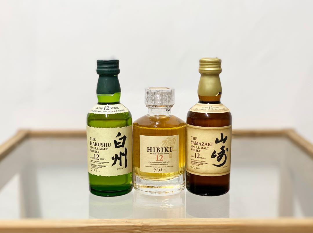 50ml 響12 山崎12 白州12 日本威士忌酒辦一套三支 Hibiki 12 Yamazaki 12 Hakushu 12 Whisky 嘢食 嘢飲 酒精飲料 Carousell