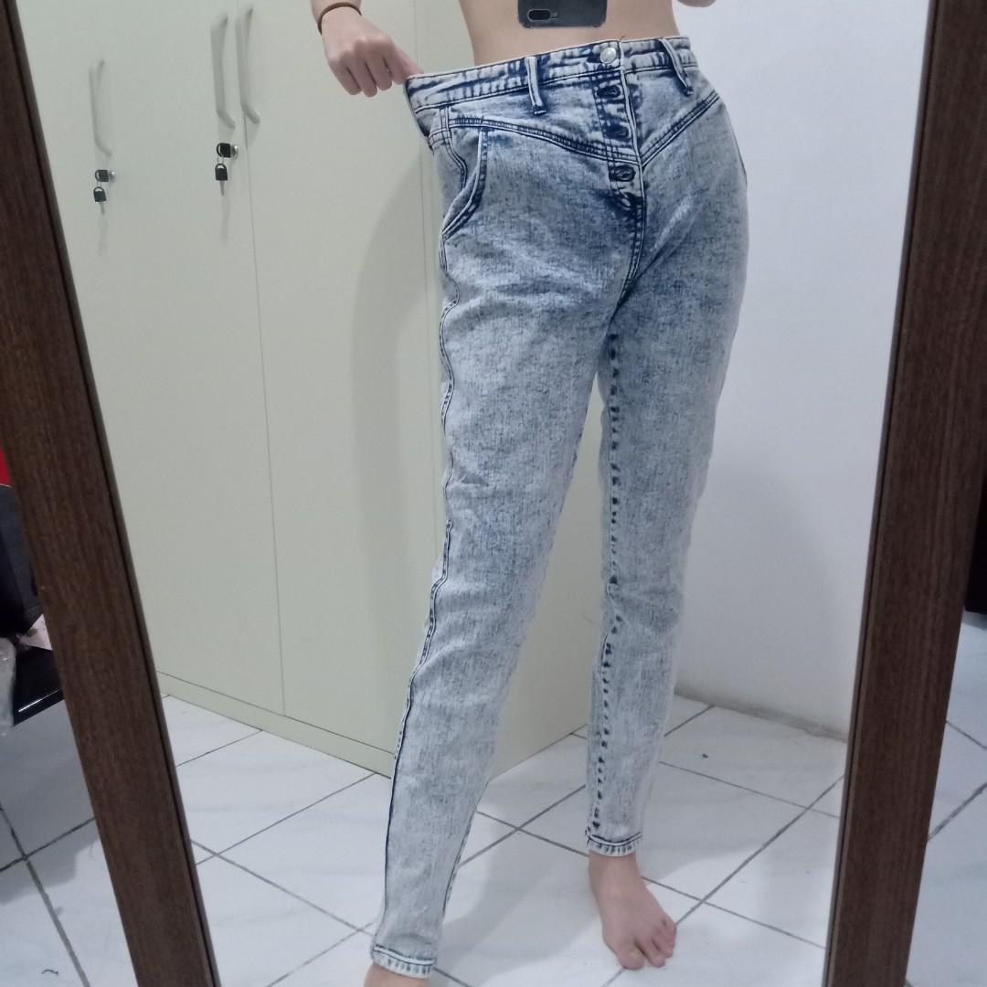 acid wash jeans highwaist denim, Fesyen 