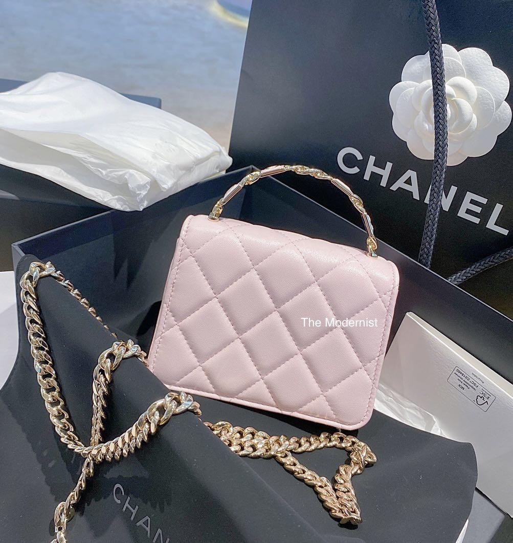 Authentic Chanel Enamel Handle Light Pink Lambskin Clutch with