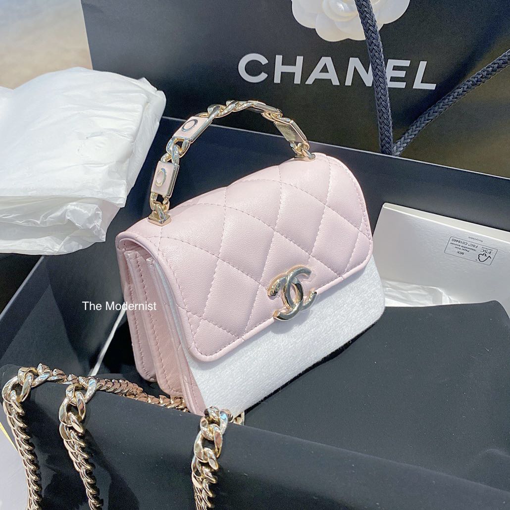 Authentic Chanel Enamel Handle Light Pink Lambskin Clutch with Chain  AP2758, Luxury, Bags & Wallets on Carousell