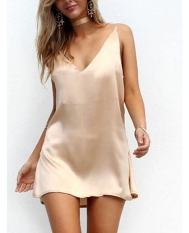 Beige nude satin slip mini dress 