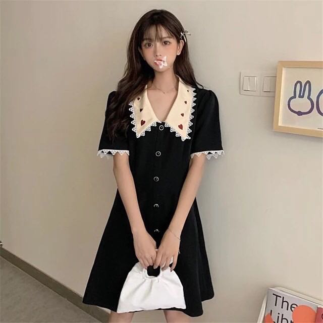 Black Korean Collar Dress with heart embroidery, Women's Fashion, Dresses &  Sets, Dresses on Carousell