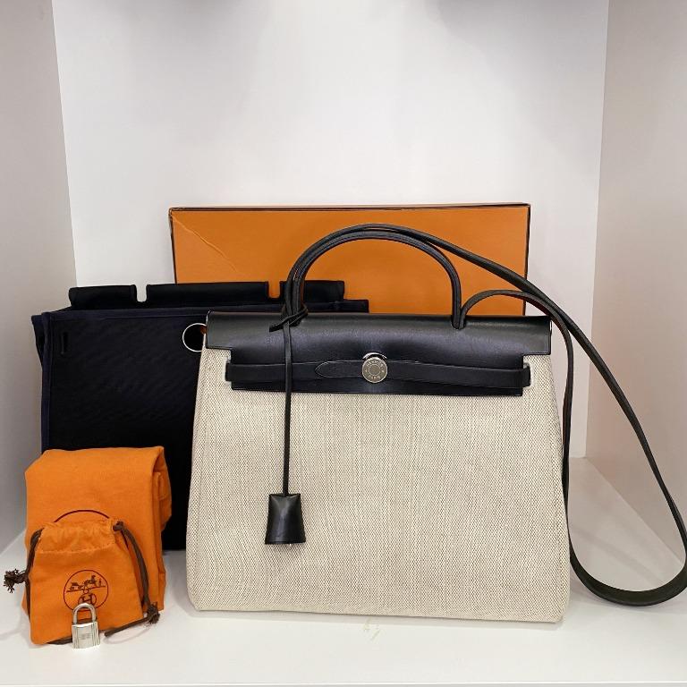HERMES Herbag PM 31 2 in 1 Beige Canvas with Black Calfskin