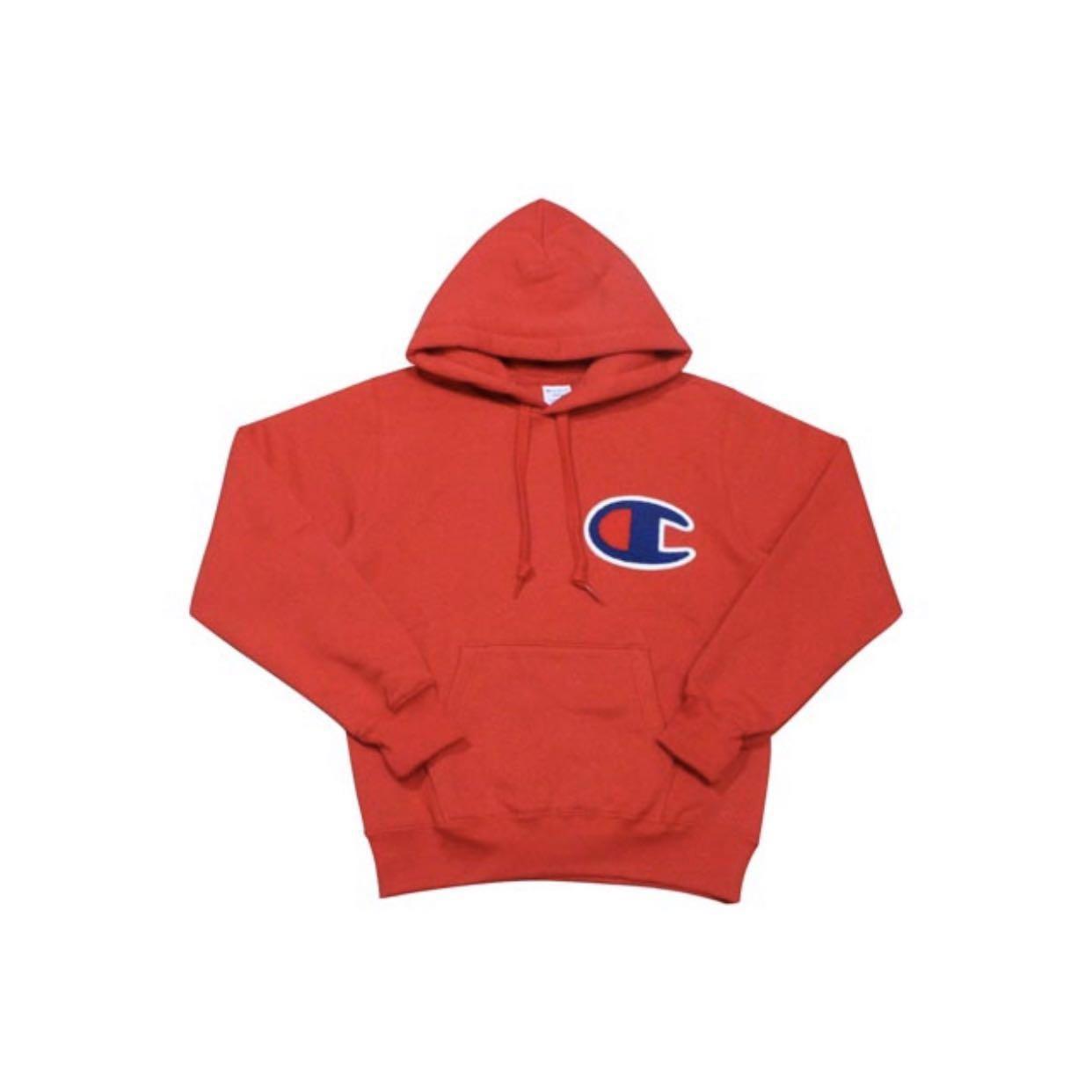 Red champion hoodie big logo clearance