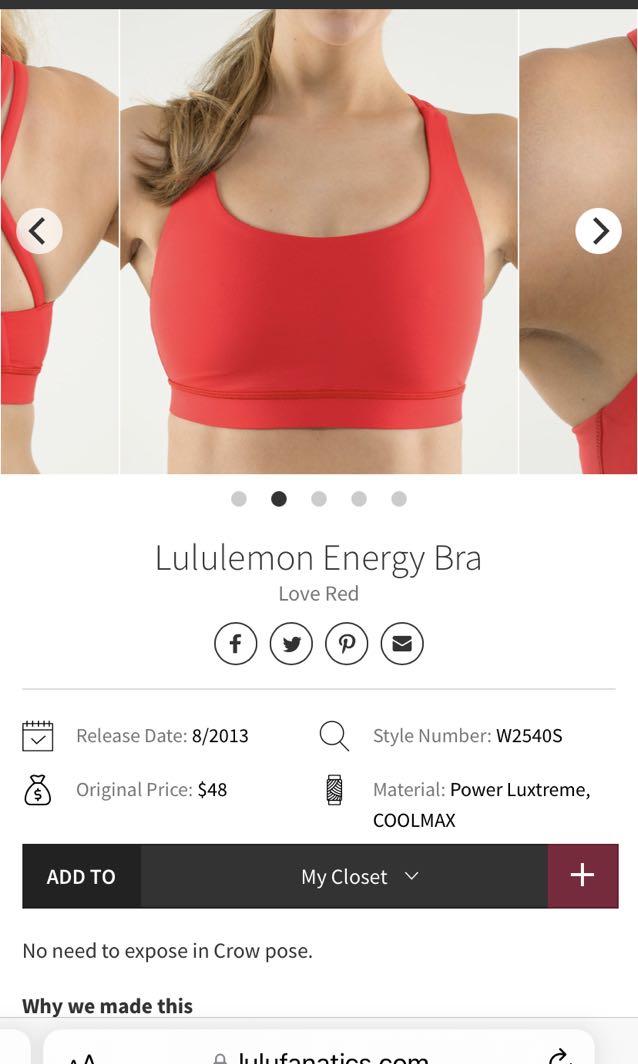 Lululemon Energy Bra in Love Red, Women's Fashion, Activewear on