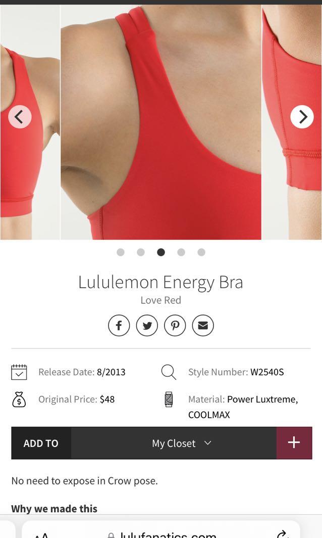 Lululemon Energy Bra in Love Red, Women's Fashion, Activewear on